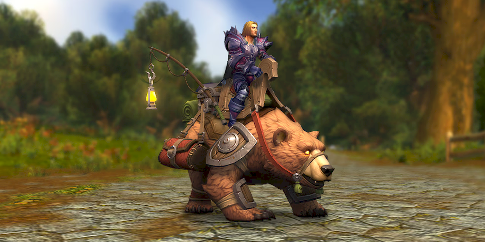 A brown bear mount, ridden by a human male, with wood and metal armour, a red side pack, and a lantern hanging on the end of a fishing rod.